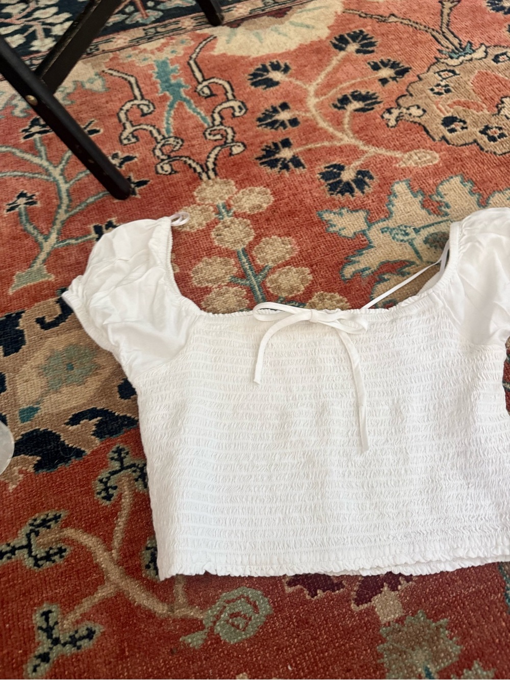 bp White Smocked Square-Neck Crop Top with Puff Short Sleeves